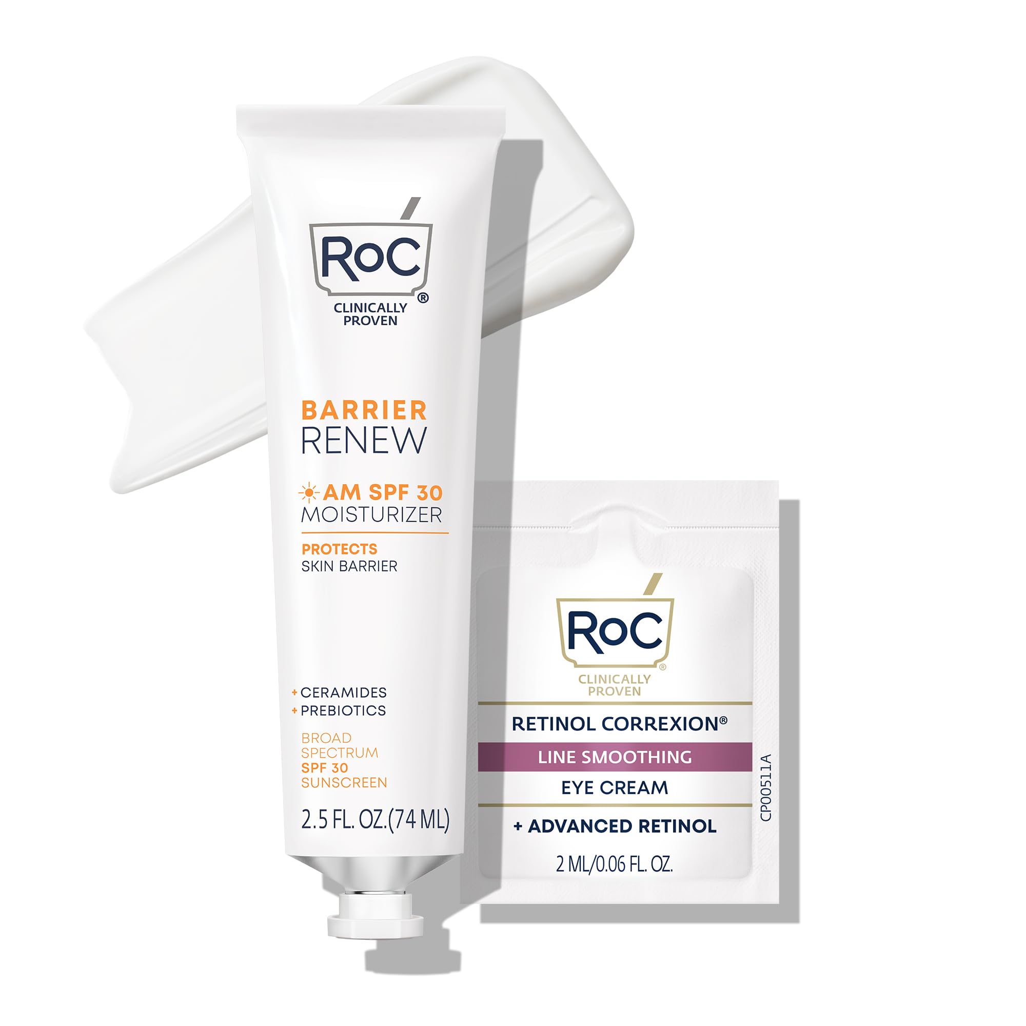 RoC Barrier Renew Day Cream with SPF 30, Moisturizer with Ceramides & Prebiotics to Protect Skin Barrier, (2.5 oz) with Retinol Eye Cream Packette