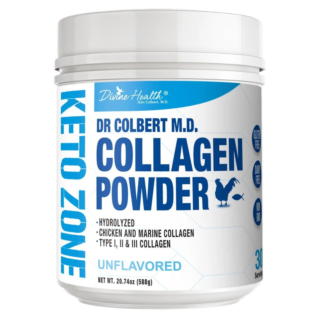 Divine Health Hydrolyzed Collagen Powder | Unflavored | Type I, II, III Chicken & Marine Collagen Peptides | Recommended in Dr. Colbert's Keto Zone Diet Book | Hair, Skin, Nails & Gut Health | 630g