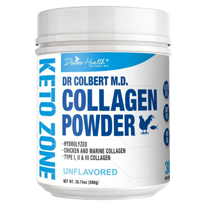 Divine Health Hydrolyzed Collagen Powder | Unflavored | Type I, II, III Chicken & Marine Collagen Peptides | Recommended in Dr. Colbert's Keto Zone Diet Book | Hair, Skin, Nails & Gut Health | 630g