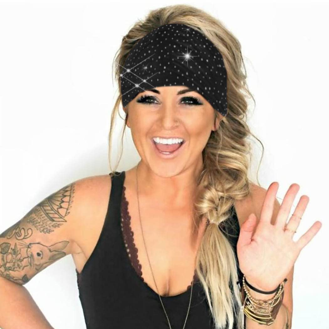 CAKURE Crystal Wide Headbands Rhinestone Head Bands Black Turban Headband Elastic African Head Wraps Sport Hair Bands for Women and Girls Pack of 3 (set 2)
