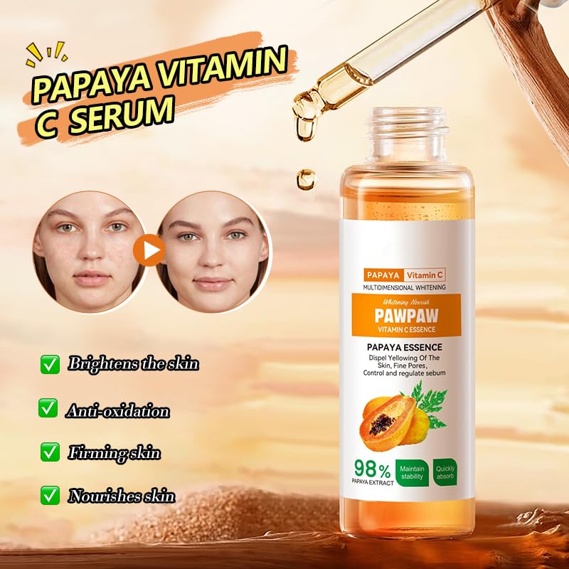 Grospe 2PC 98% Papaya Extract Vitamin C Nourish PawPaw Essence,Dispel Yellowing Of The Skin, Deep Hydration Fine Pores, Moisturizing Smoothing Facial and Body Skin 60ml / 2.02 fl.oz