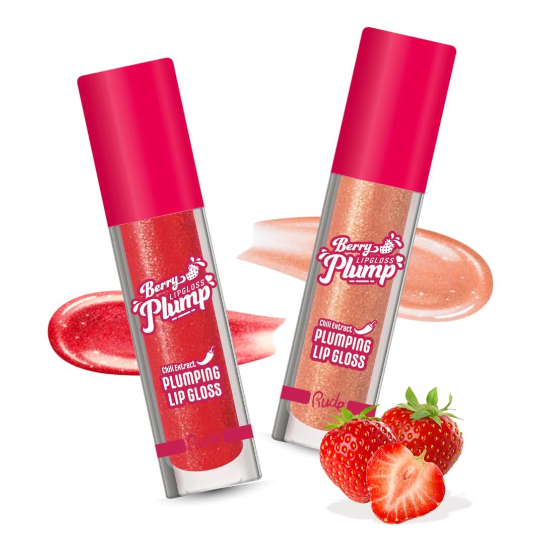 RUDE Cosmetics Berry Plump Lip Plumper Set, Plumping Lip Gloss for Women, Hydrating Cute Lipgloss Plump with Hyaluronic Acid, Shea Butter, Vitamin E & Chili Extract, Vegan, Fairy & Strawberry