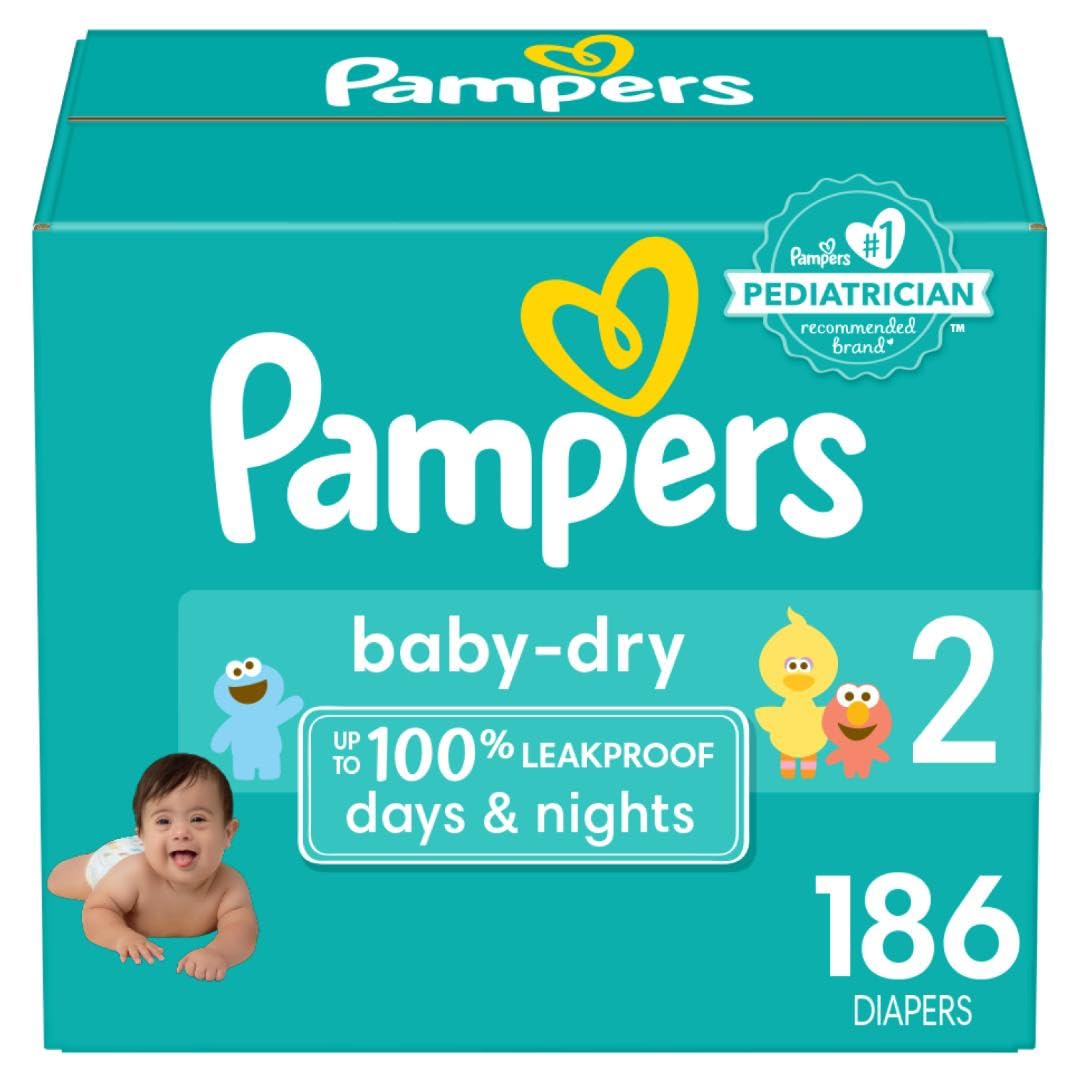 Diapers Size 2, 186 Count - Pampers Baby Dry Disposable Baby Diapers, Enormous Pack, Packaging & Prints May Vary