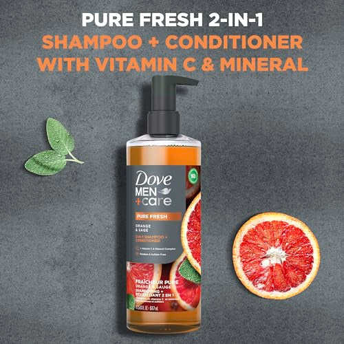 DOVE MEN + CARE 2-in-1 Shampoo + Conditioner Pure Fresh Orange & Sage for Strong, Healthy-Looking Hair, with Vitamin C & Mineral Complex, 17.5 oz