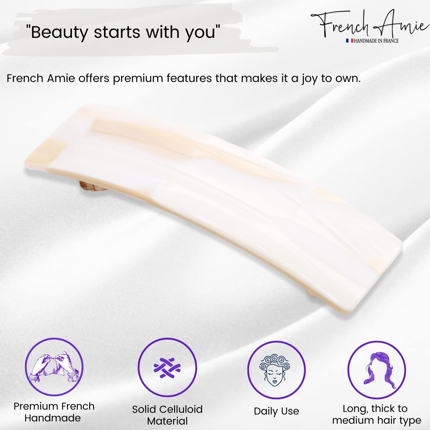 French Amie Fine Wide Rectangular Celluloid Handmade Pearl Ivory White Automatic Hair Clip Barrette - Made to Last (Ivory)