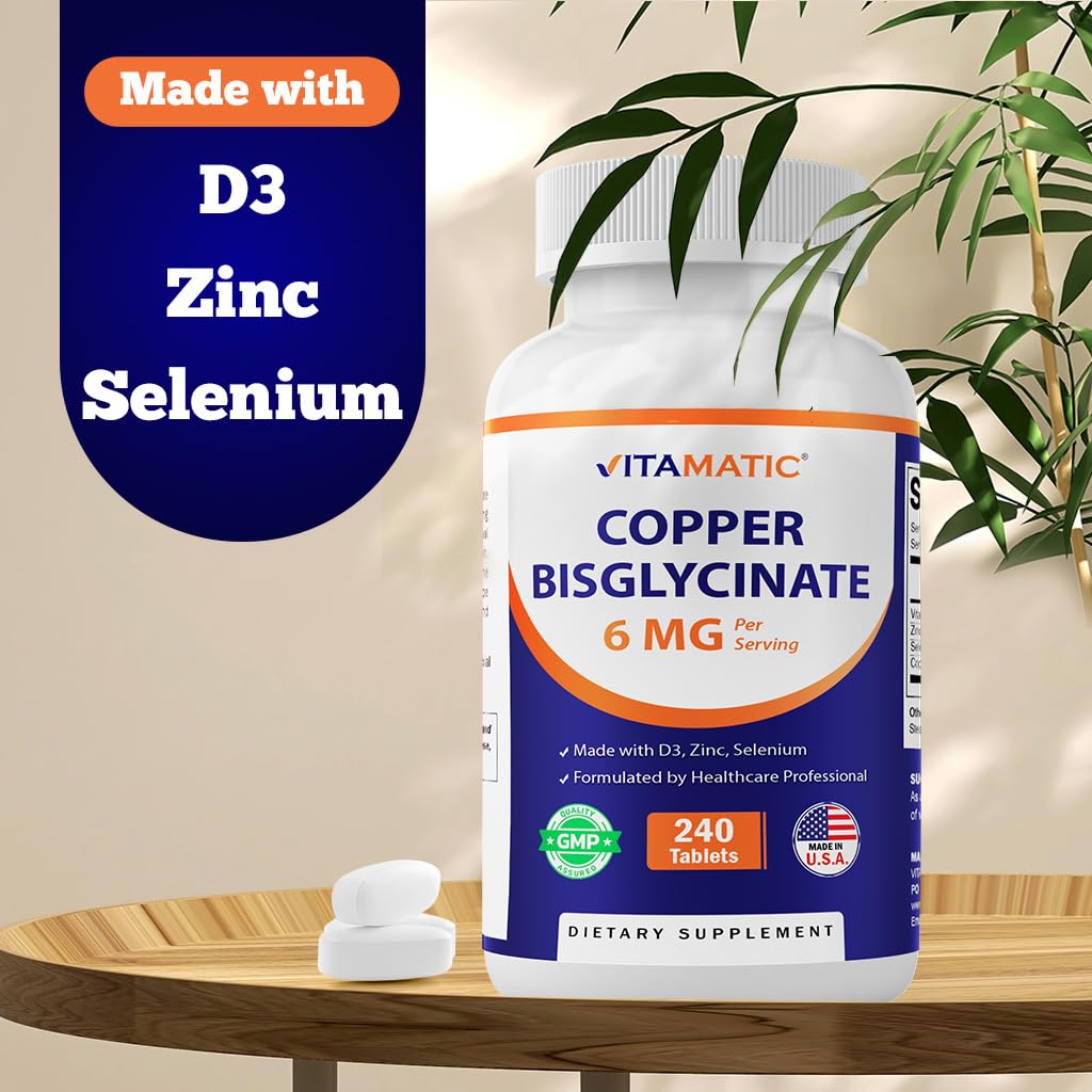 Vitamatic Copper Bisglycinate 6 mg Made with Vitamin D3 2000 IU, Zinc 50mg, Selenium 50mcg - 240 Tablets - Non-GMO & Gluten Free
