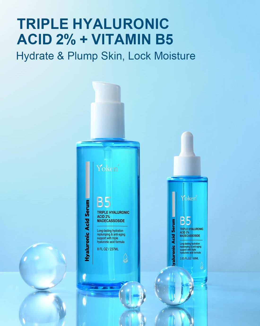 Yoken EWG Verified Hyaluronic Acid Serum for Face 8 + 2 fl oz, Vitamin B5 & Triple Pure Hyaluronic Acid 2%, Anti-aging Facial Serum for Fine Line Wrinkle Hydrating Serum Plump Dry Skin Fragrance-Free