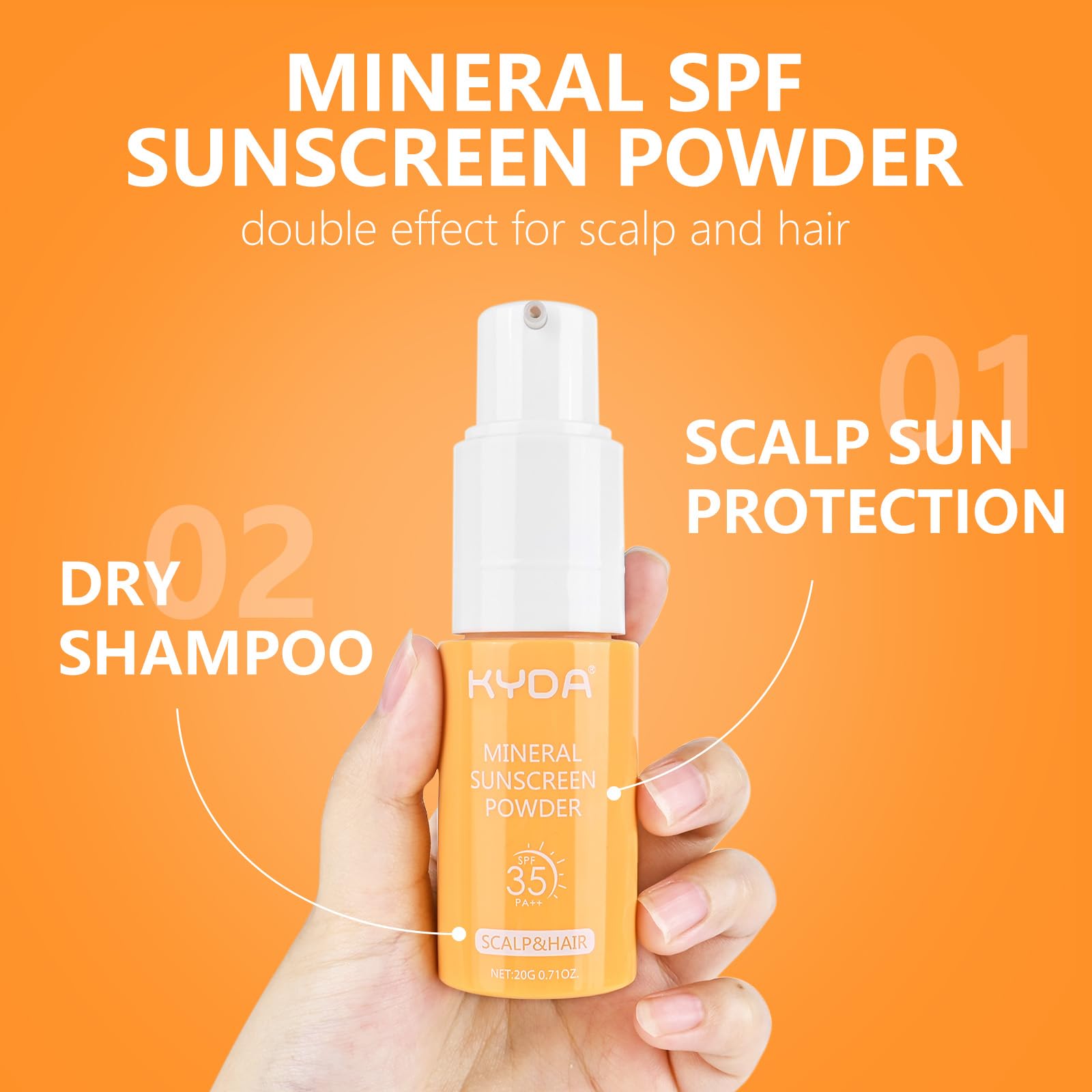 KYDA Mineral Dry Shampoo Sunscreen Powder, for Scalp and Hair, SPF 35 PA++, Scalp Sunscreen Powder, Broad Spectrum UV Protection, Lightweight, No-Greasy, 0.71 Oz.