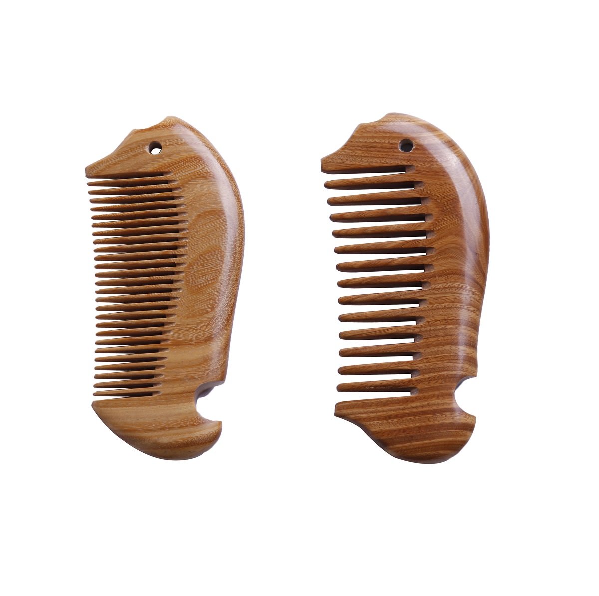 Pack of 2 100% Handmade Natural Green Sandalwood Hair Combs-Exquisite Fish Shapes Hand-sized Anti-Static Hair Detangler Wooden Pocket Comb-Wide Tooth & Fine Tooth Hair Combs(Wide Tooth & Fine Tooth)