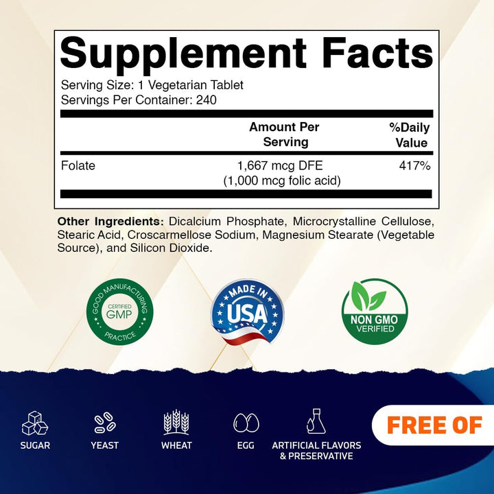 Vitamatic Folic Acid 1000 mcg (1 mg) - Vegetarian Tablets - 1667 mcg DFE - Vitamin B9 (240 Count (Pack of 1))