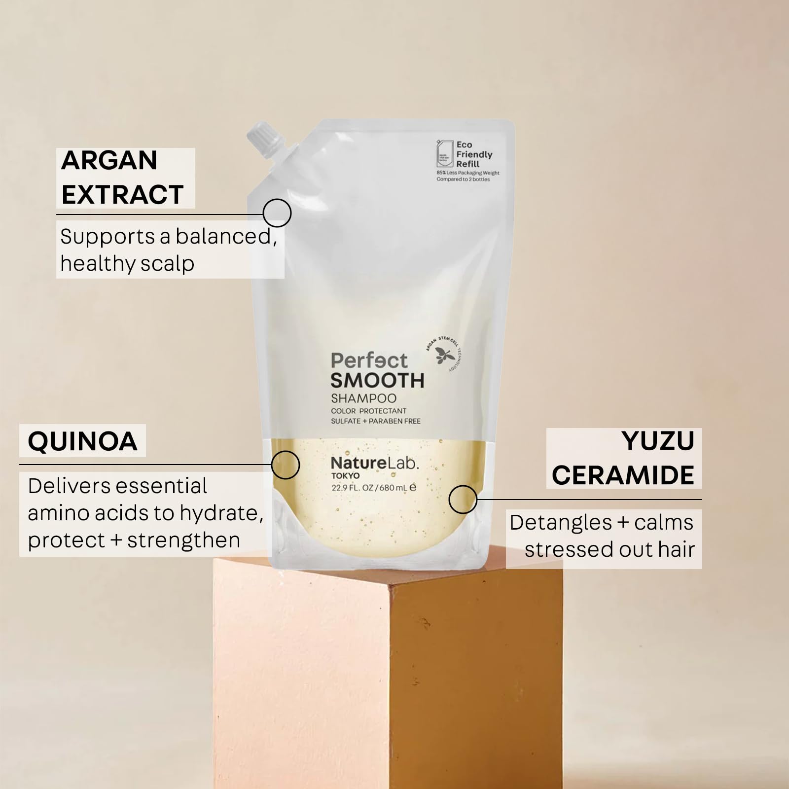 NatureLab. TOKYO Perfect Smooth Shampoo Eco-Friendly Refill Pouch - Weightless Frizz Control for Smoother, Healthier Hair and Scalp I 22.9 FL OZ / 680ml