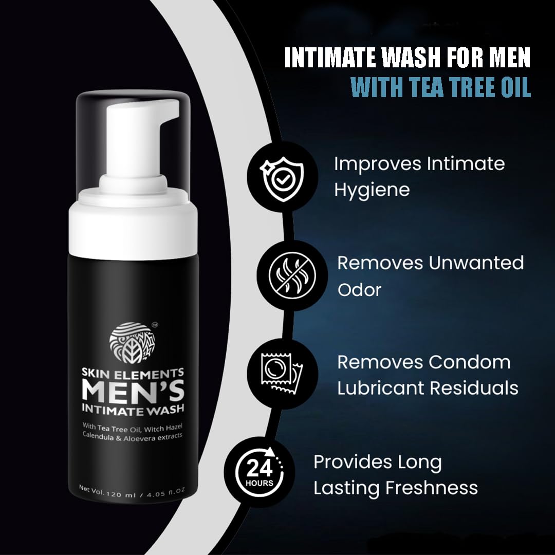 Skin Elements Intimate Wash for Men with Tea Tree Oil | pH Balanced Foaming Hygiene Wash | Prevents Itching, Irritation & Bad Odor | 120 ml |