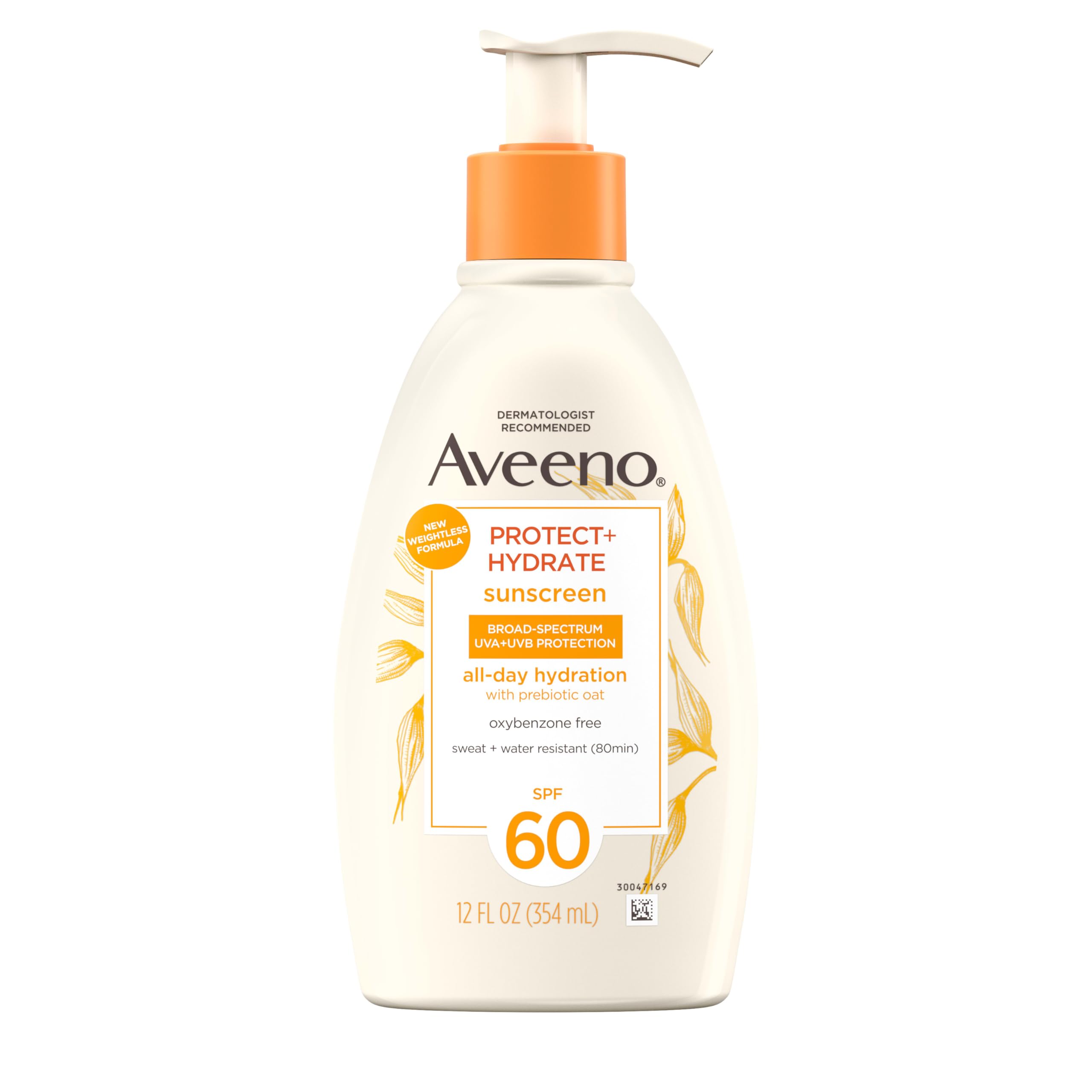 Aveeno Protect + Hydrate Sunscreen Moisturizing Body Lotion with Broad Spectrum SPF 60 and Prebiotic Oat, Weightless, Paraben, Oxybenzone, and Oil Free Sunscreen, 12 FL OZ