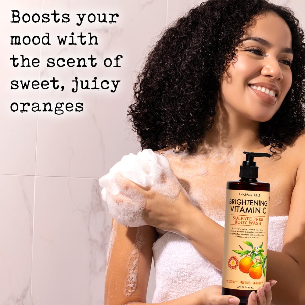 PHARM TO TABLE Brightening Vitamin C Body Wash for Women and Men - Brightens and Nourishes the Skin, Sulfate Free, 100% Cruelty Free, 480ml