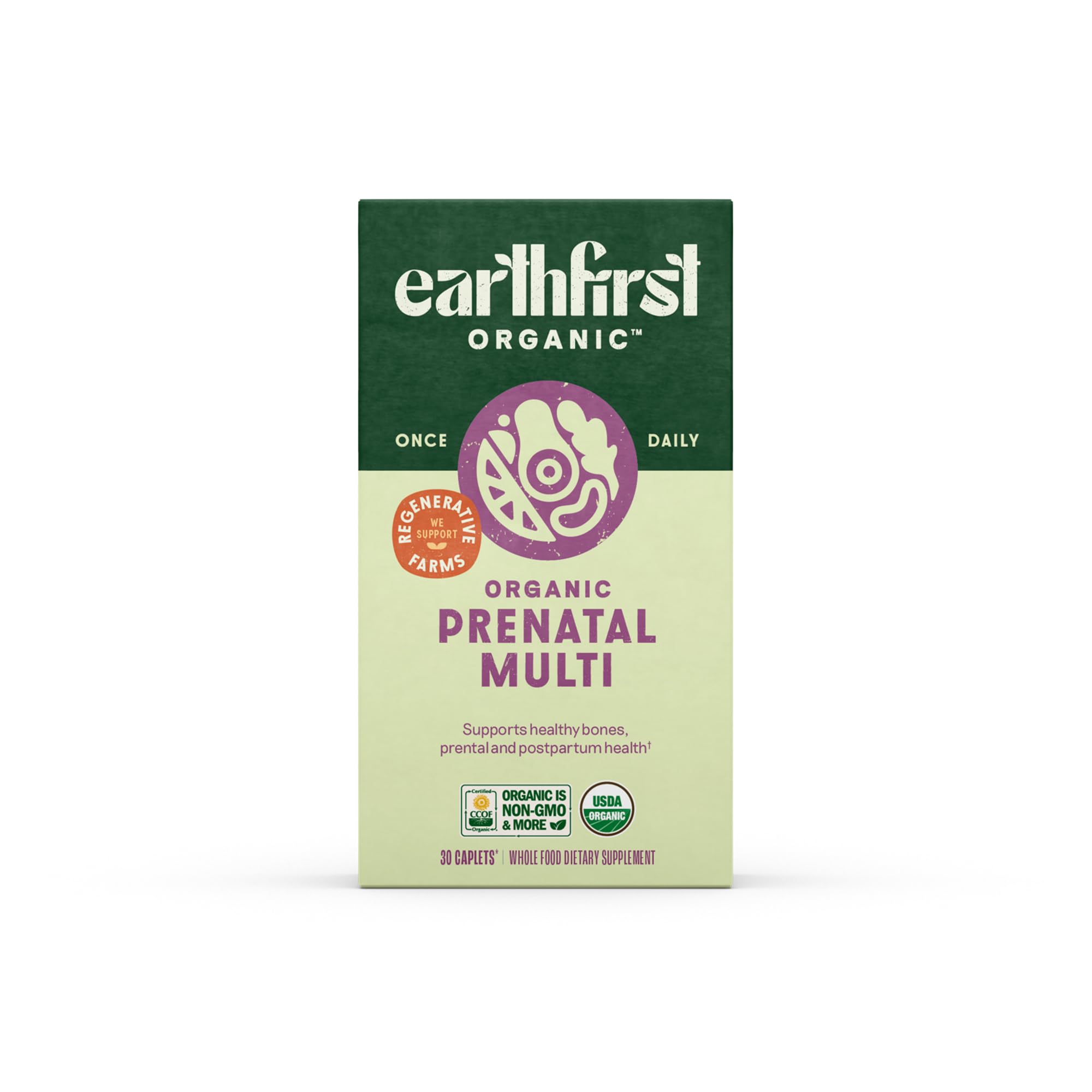 EarthFirst Organic Prenatal Multi Once Daily, Prenatal Vitamins for Women for Conception, Pregnancy, Postpartum & Breastfeeding, 30 Count