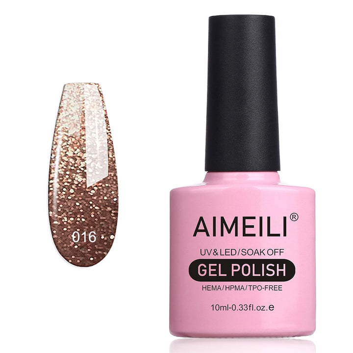 AIMEILI Shellac Soak Off UV LED Gel Nail Polish - Tinsel Toast Gold Diamond (016) 10ml