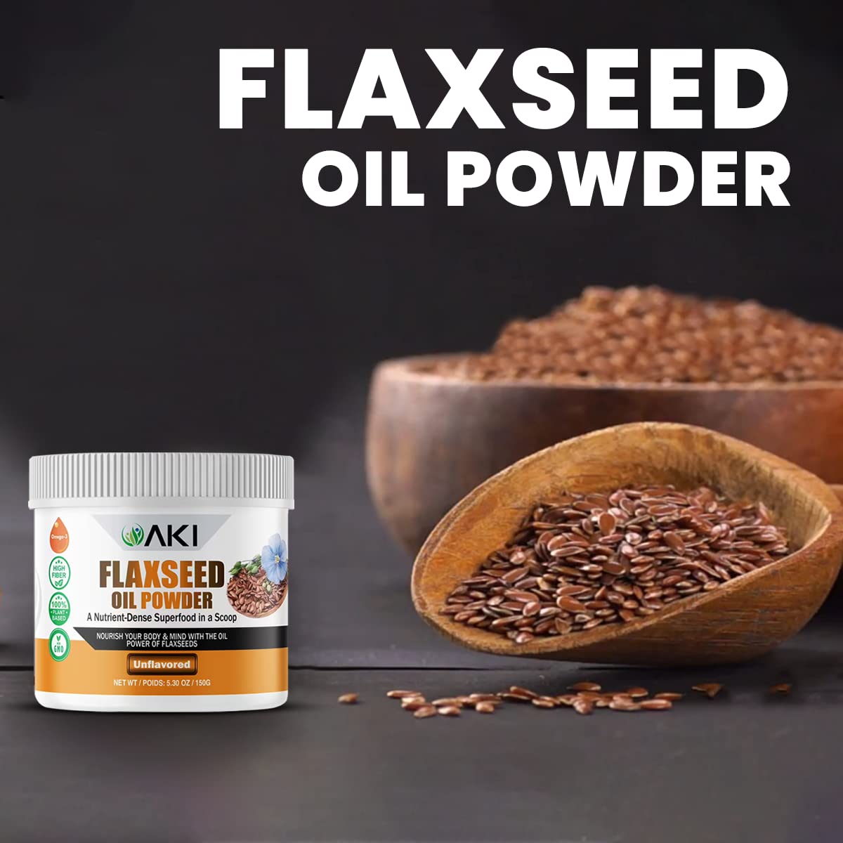 AKI Flaxseed Oil Powder - Packed with Essential Nutrients Like Omega-3 Fatty acids, Fiber, & Lignans - Free from Artificial Additives, Made with Ideal Quality Ingredients (5.30oz/150g)