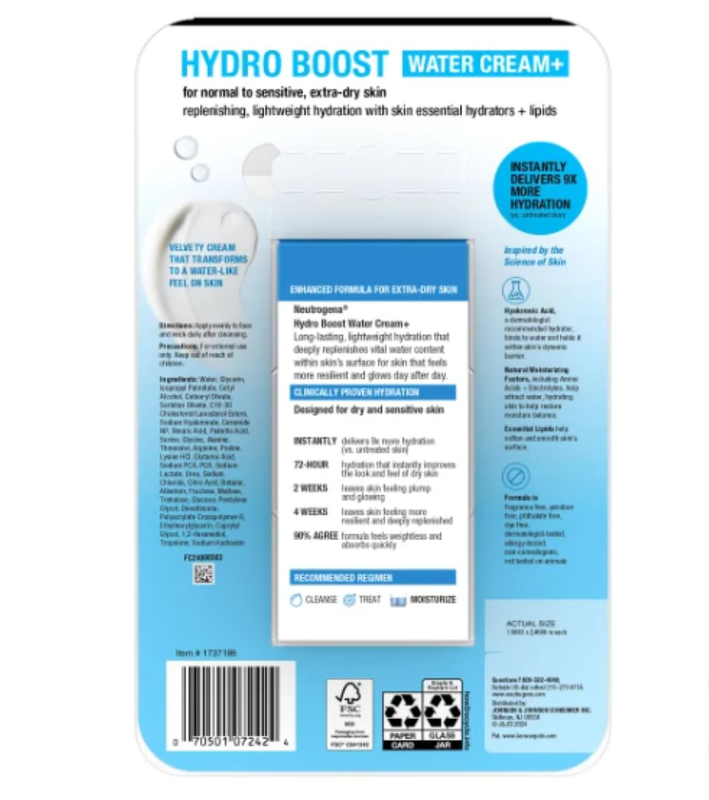 Neutrogena Hydro Boost Water Cream Moisturizer, Enhanced Formula with 25% More Hyaluronic Acid, Fragrance-Free, Clinically Proven 72-Hour Hydration for Dry & Sensitive Skin, 2-Pack (1.7 oz Each)