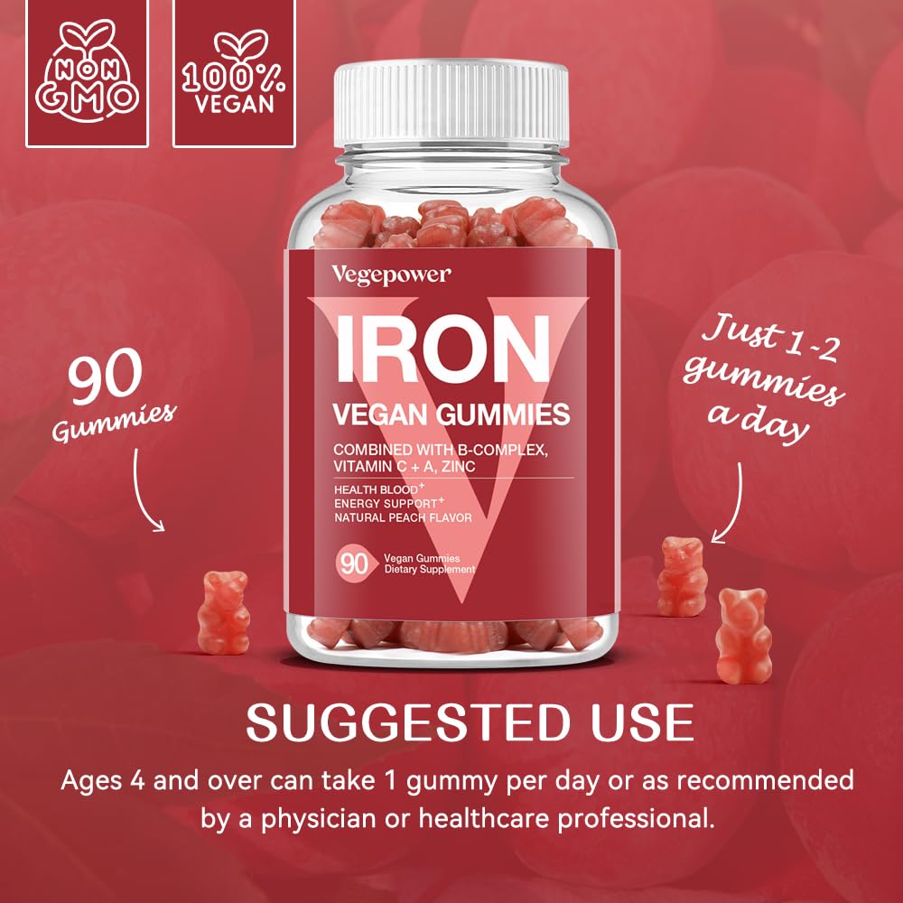 Vegan Iron Gummies Supplement - with Vitamin C, A, B-Complex, Folate, Zinc for Adults & Kids - Health Blood & Energy Support for Iron Deficiency, Anemia, No After Taste - Peach Flavor (90 Ct)