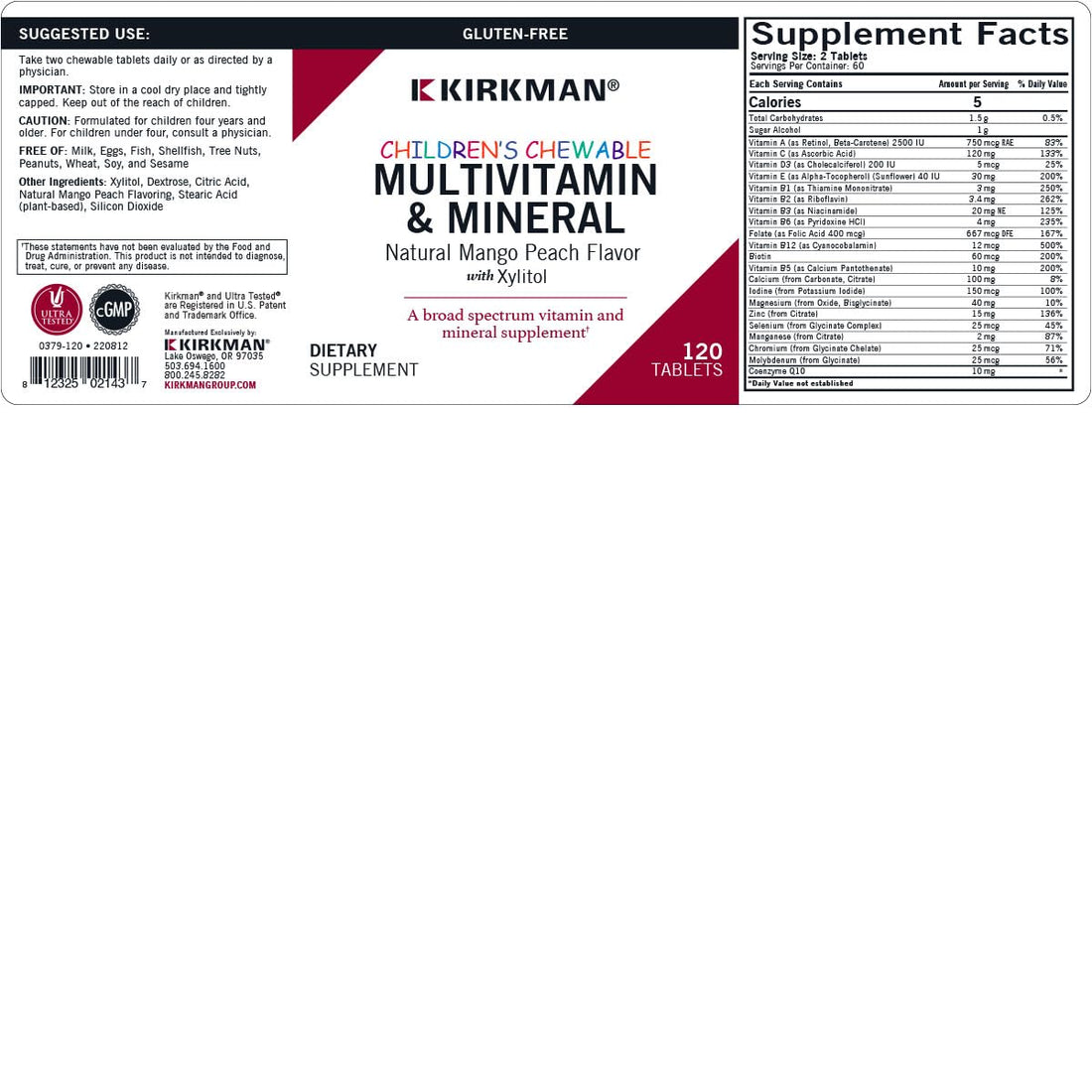 Kirkman - Children's Chewable Multivitamin & Mineral - 120 Tablets - Potent Broad-Spectrum Vitamin/Mineral Supplement - with Xylitol - Natural Mango Peach Flavor