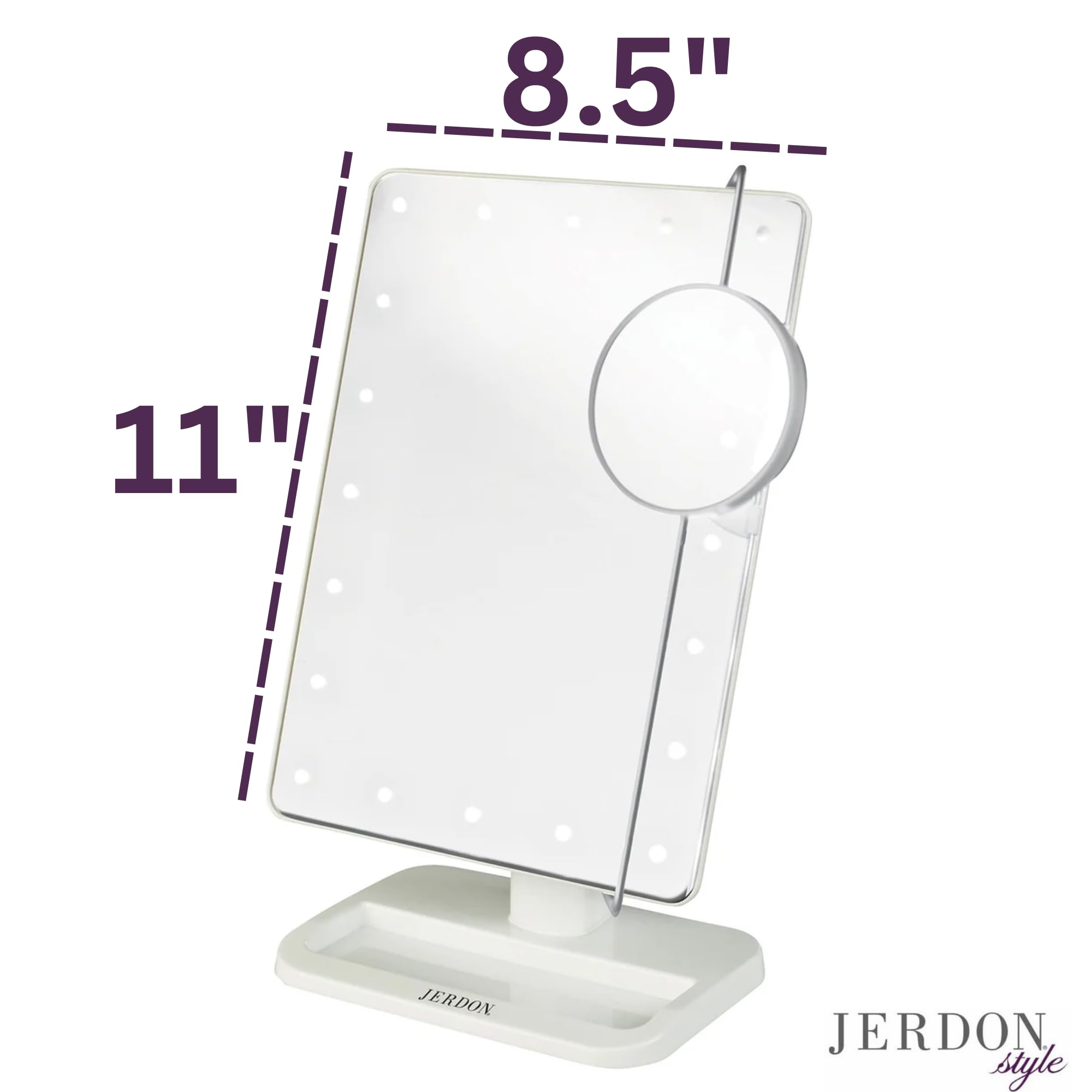 Jerdon JS811W 8-Inch by 11-Inch Rectangular LED Lighted Vanity Mirror with 10x Magnification Spot Mirror, White Finish
