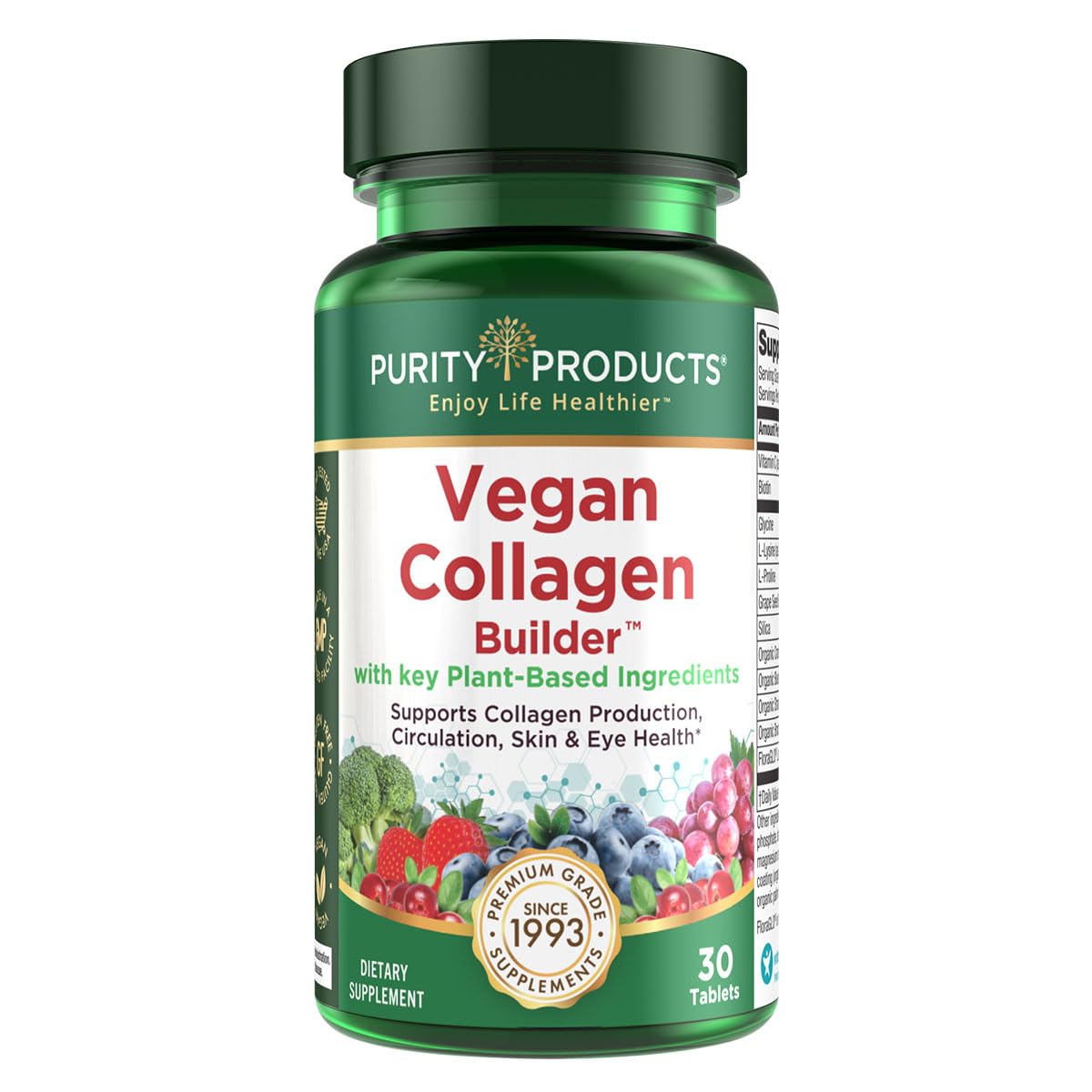 Purity Products Vegan Collagen Builder - Organic Whole Foods Fruits + Veg, Silica, Lutein, Vitamin C, Biotin, Grape Seed - Amino Acids Glycine, Lysine + Proline Collagen Boosters - 30 Tablets