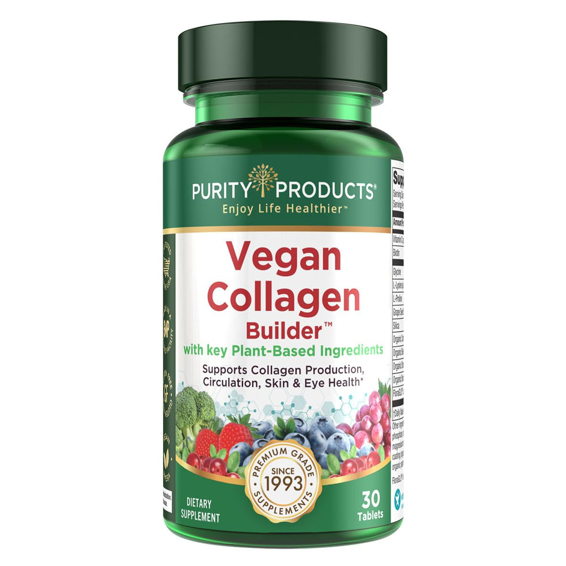 Purity Products Vegan Collagen Builder - Organic Whole Foods Fruits + Veg, Silica, Lutein, Vitamin C, Biotin, Grape Seed - Amino Acids Glycine, Lysine + Proline Collagen Boosters - 30 Tablets