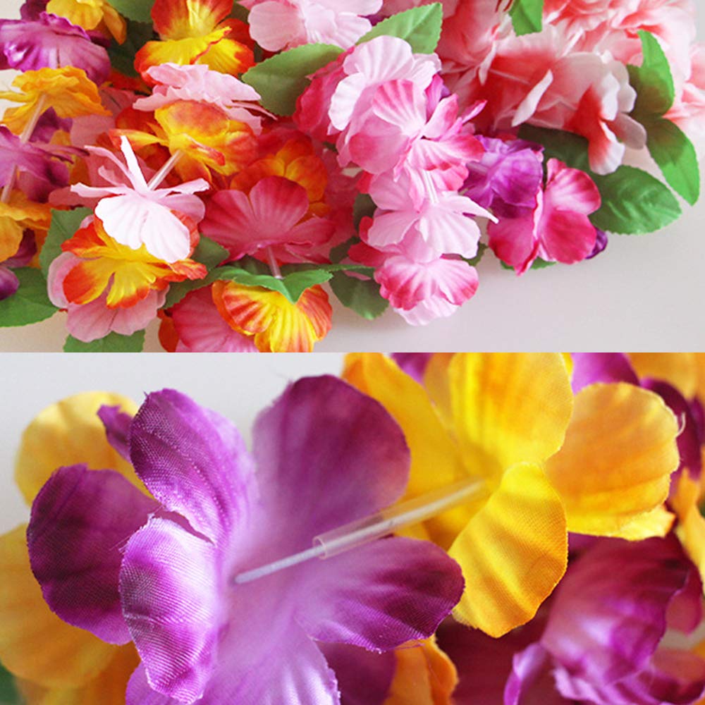 Hawaiian Leis Tropical Hawaii Luau Leaf Leis Flower Wreath Necklace Women Garland for Graduation Wedding Vacation Summer Beach Pool 24 Pack