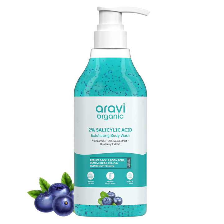 Aravi Organic 2% Salicylic Acid Exfoliating Body Wash with Niacinamide & Blueberry - Prevents Body Acne, Dead Cells, Deep Cleanses & Odor Defense - All Skin Types - SLS & Paraben Free - 300 ml