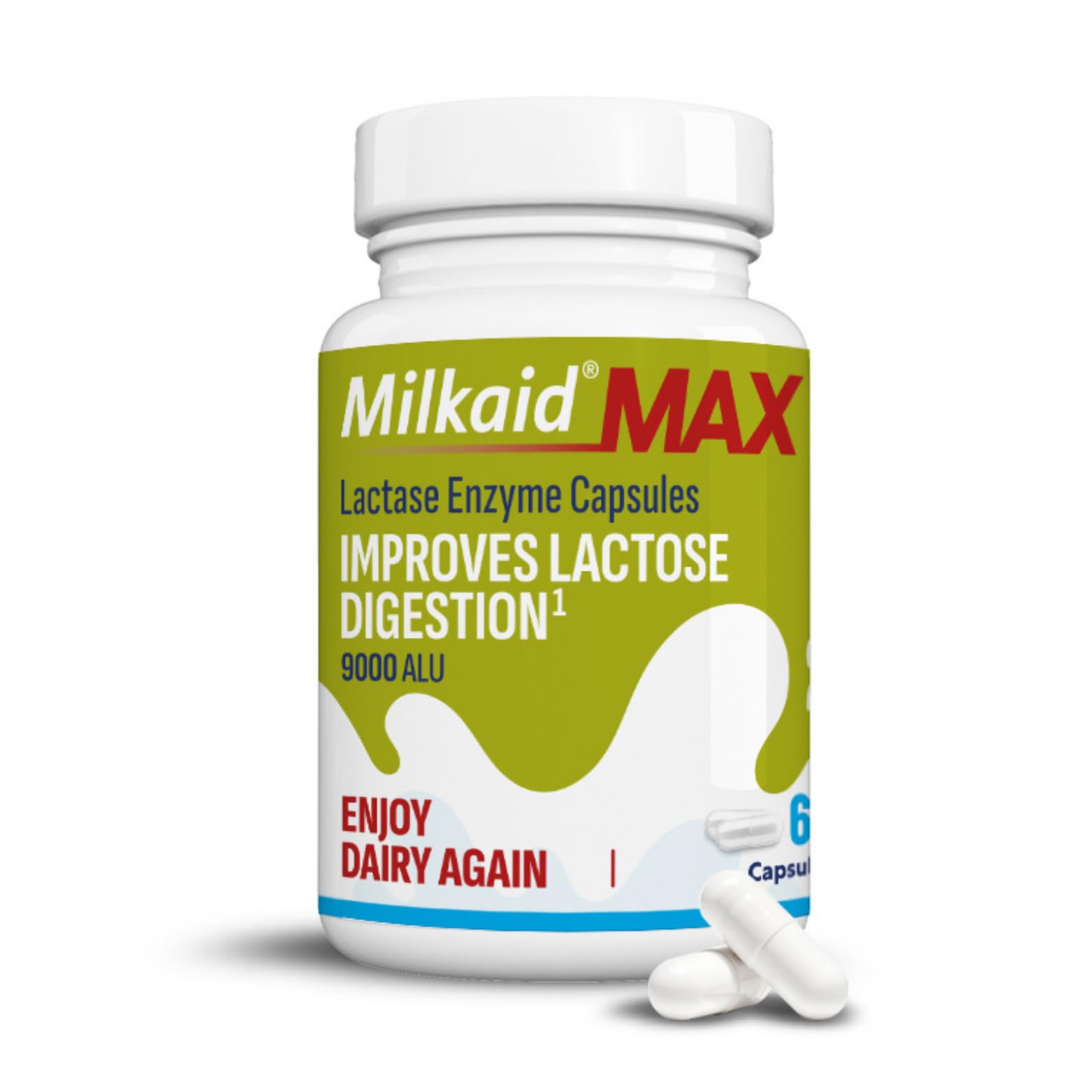 Milkaid Max Capsules for Lactose Intolerance Relief with Lactase Enzyme, Dietary Supplement to Help Prevent Gas, Bloating & Diarrhea Due to Lactose Sensitivity | 9000 ALU (60 Capsules, Unflavored)