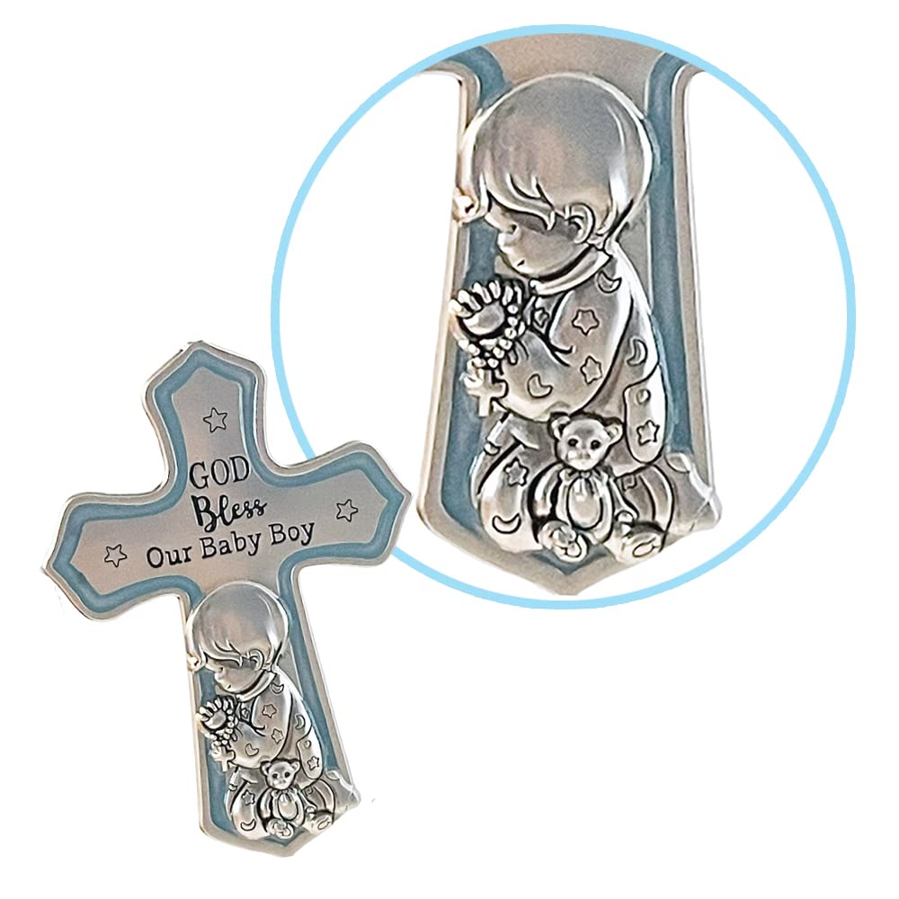 Ganz Ornate Crib Cross Baby Boy Baptism Gifts for Boy, Christening Gifts for Boys, Baptismal Gifts for Boys, Baby Shower Crib Medal Praying Boy, God Bless Our Baby Boy Nursery Wall Cross Décor