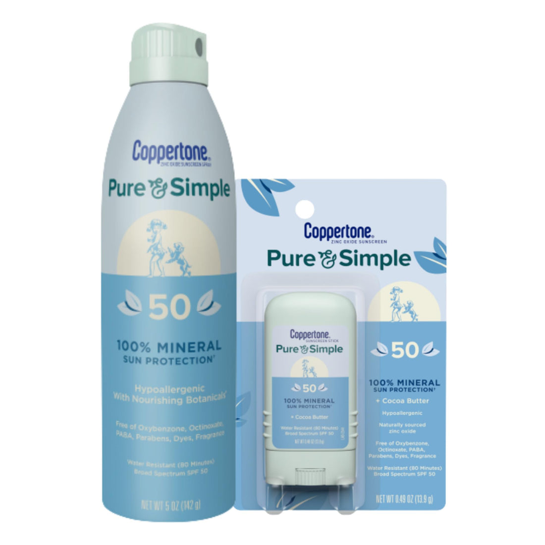 Coppertone Pure and Simple Mineral Sunscreen Spray SPF 50 (5 Oz) + Sunscreen Stick SPF 50 (0.49 Oz) for Sensitive Skin with Zinc Oxide Protection, Hypoallergenic