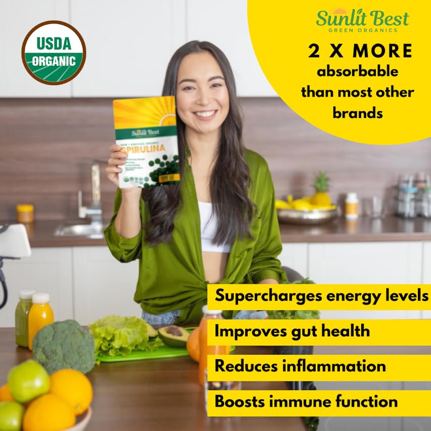 Sunlit Best - USDA Organic Spirulina Tablet - Natural Super Greens Supplements for Immune Support, Gut Health & Boost Energy Tablets with Chlorophyll, Vegan & High Protein Non GMO, 1000 Superfood Tabs