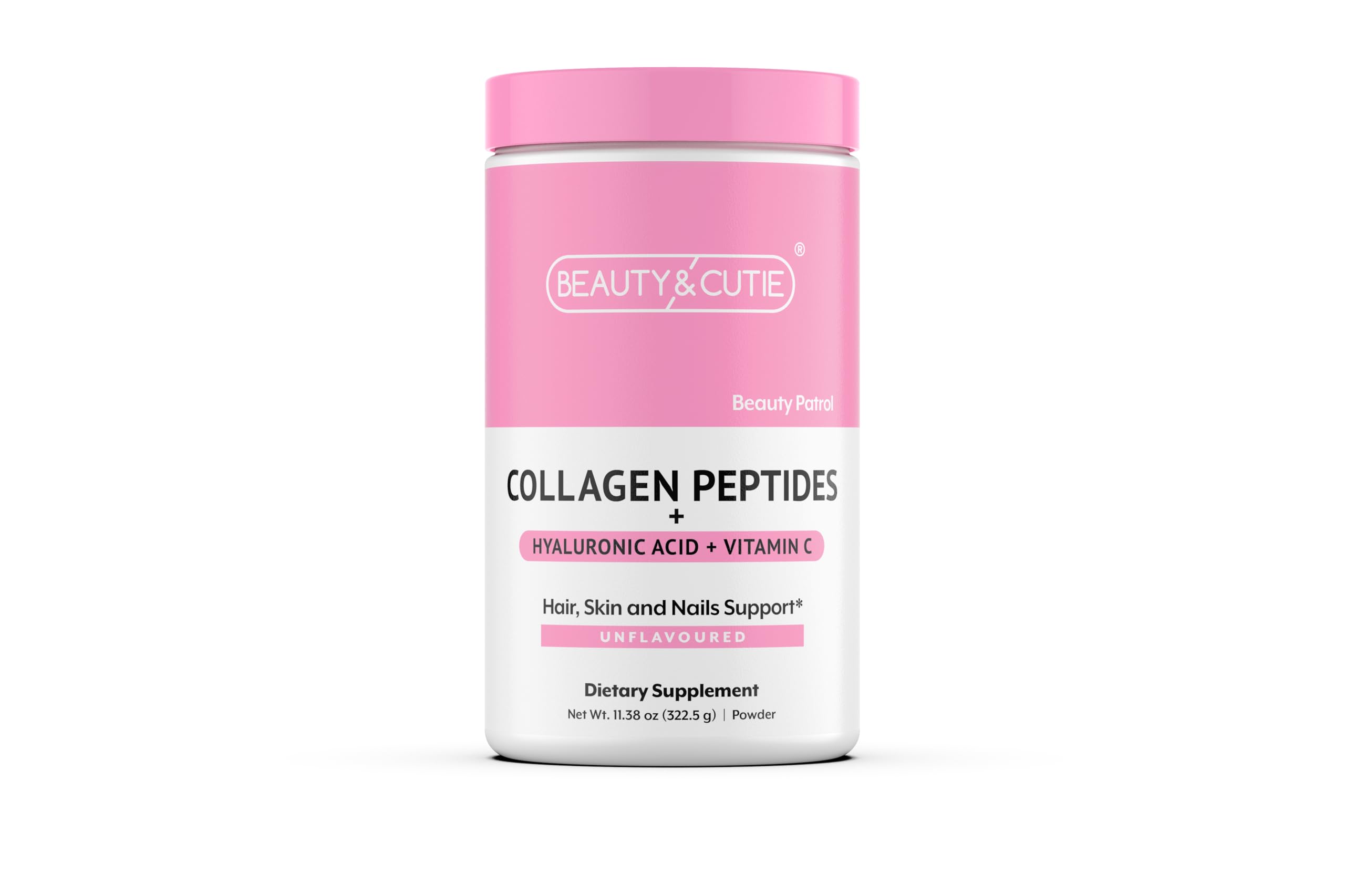 BEAUTY AND CUTIE Collagen Peptides 10g with Hyaluronic Acid 120 mg and Vitamin C Powder, Hair, Skin and Nails Support, Grass Fed, Unflavored, 11.38 oz