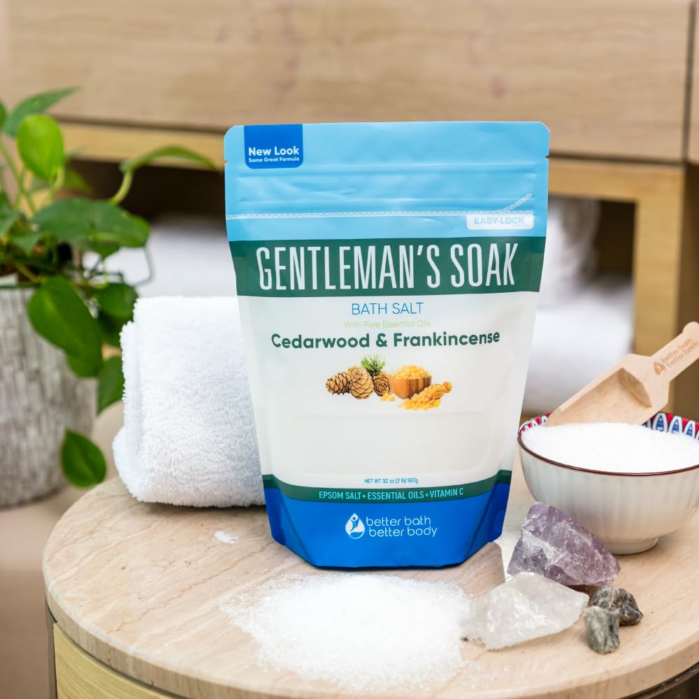 New Gentleman’s Soak Bath Salt 2-Lbs (32 Ounces) - Epsom Salt Bath Soak With Cedarwood, Frankincense, Eucalyptus, & Peppermint Essential Oils Plus Vitamin C Crystals - Bath Salts For Men