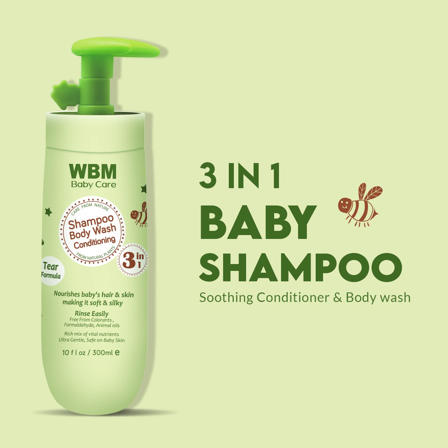 WBM Care 3-in-1 Baby Shampoo, enriched with honey, wheatgerm, and organic olive oil, nourishes baby hair with a gentle, tear-free formula for healthy care