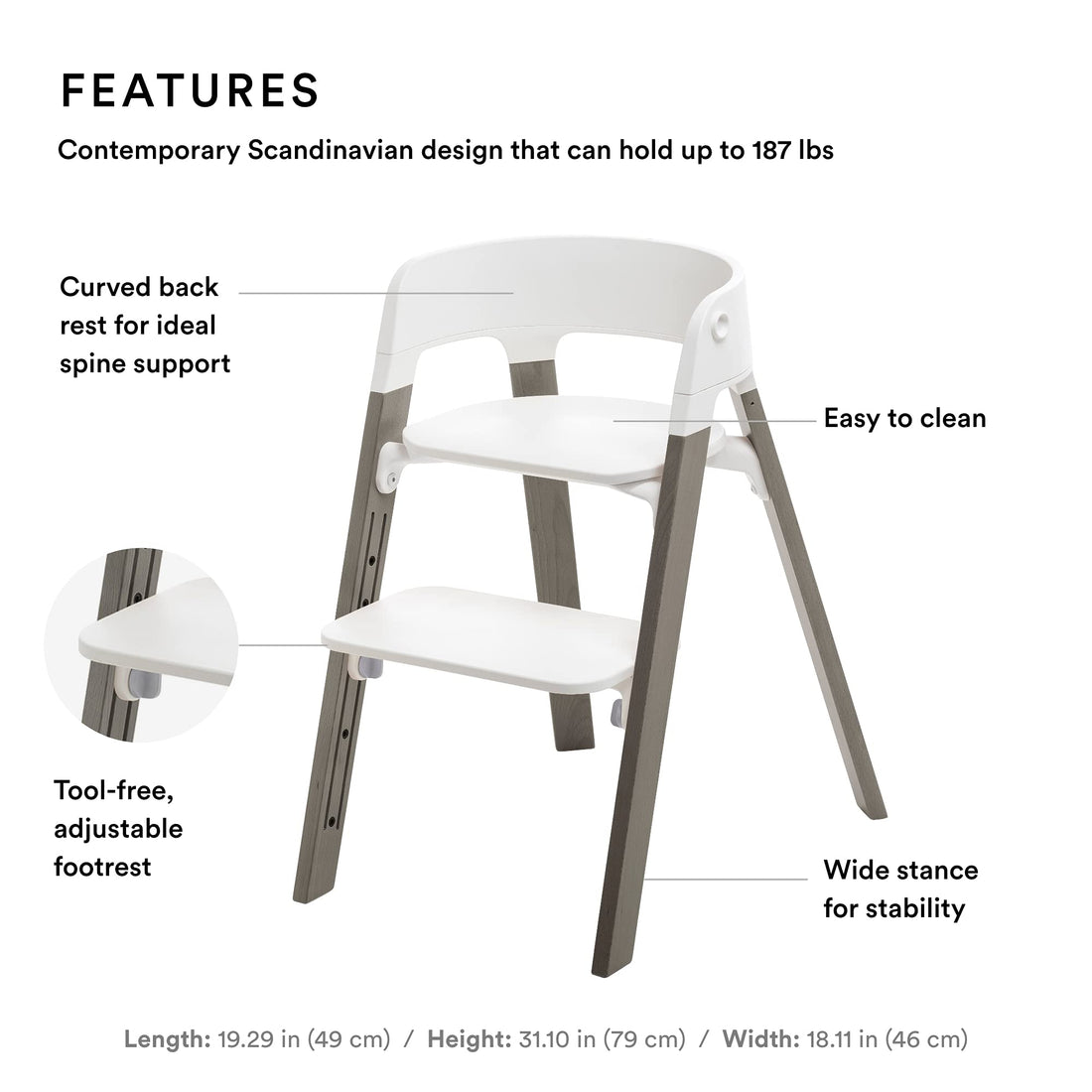 Stokke Steps Chair - Hazy Grey Legs & White Seat - 5-in-1 Seat System - Can Transform Into Newborn + Toddler High Chair - Use Throughout Childhood or Up to 187 lbs. - Tool Free, Stylish & Adjustable