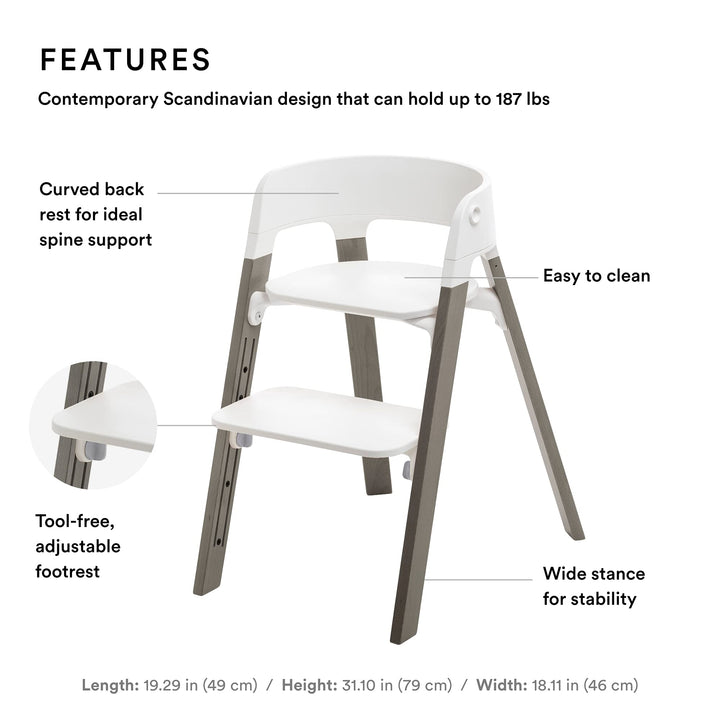 Stokke Steps Chair - Hazy Grey Legs & White Seat - 5-in-1 Seat System - Can Transform Into Newborn + Toddler High Chair - Use Throughout Childhood or Up to 187 lbs. - Tool Free, Stylish & Adjustable
