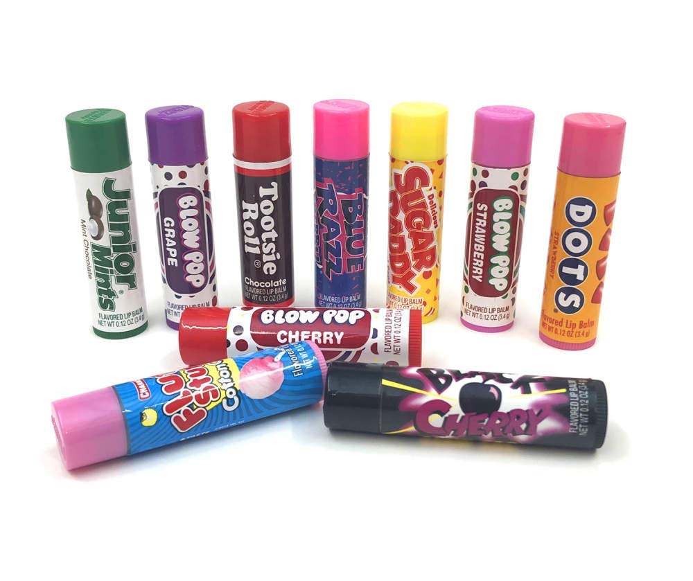10 Pieces Flavored Tootsie Roll Lip Balms taste beauty Party Pack Lip smackerschoose Your Flavor. Blow pop in Cherry, Grape & Strawberry, Blue Razz, Sugar Daddy, Junior Mint, Tootsie roll, Dots