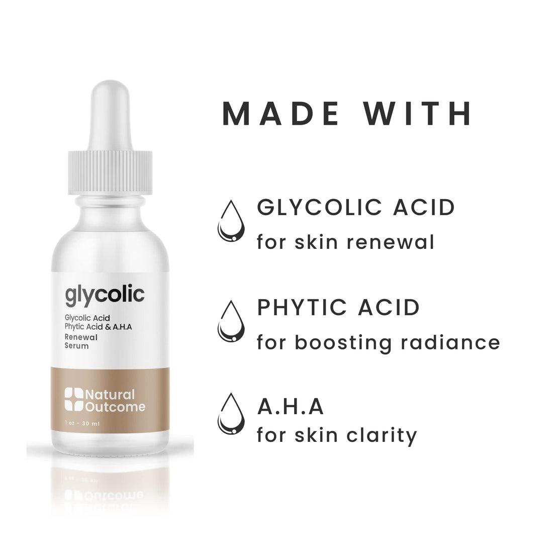 Natural Outcome Glycolic Acid/AHA 12% Renewal Serum | Anti-Aging Exfoliating Facial Serum | Increases Cell Turnover Leaving Behind Smoother Skin | Clarifies Acne and Rejuvenates Skin | 1 Oz