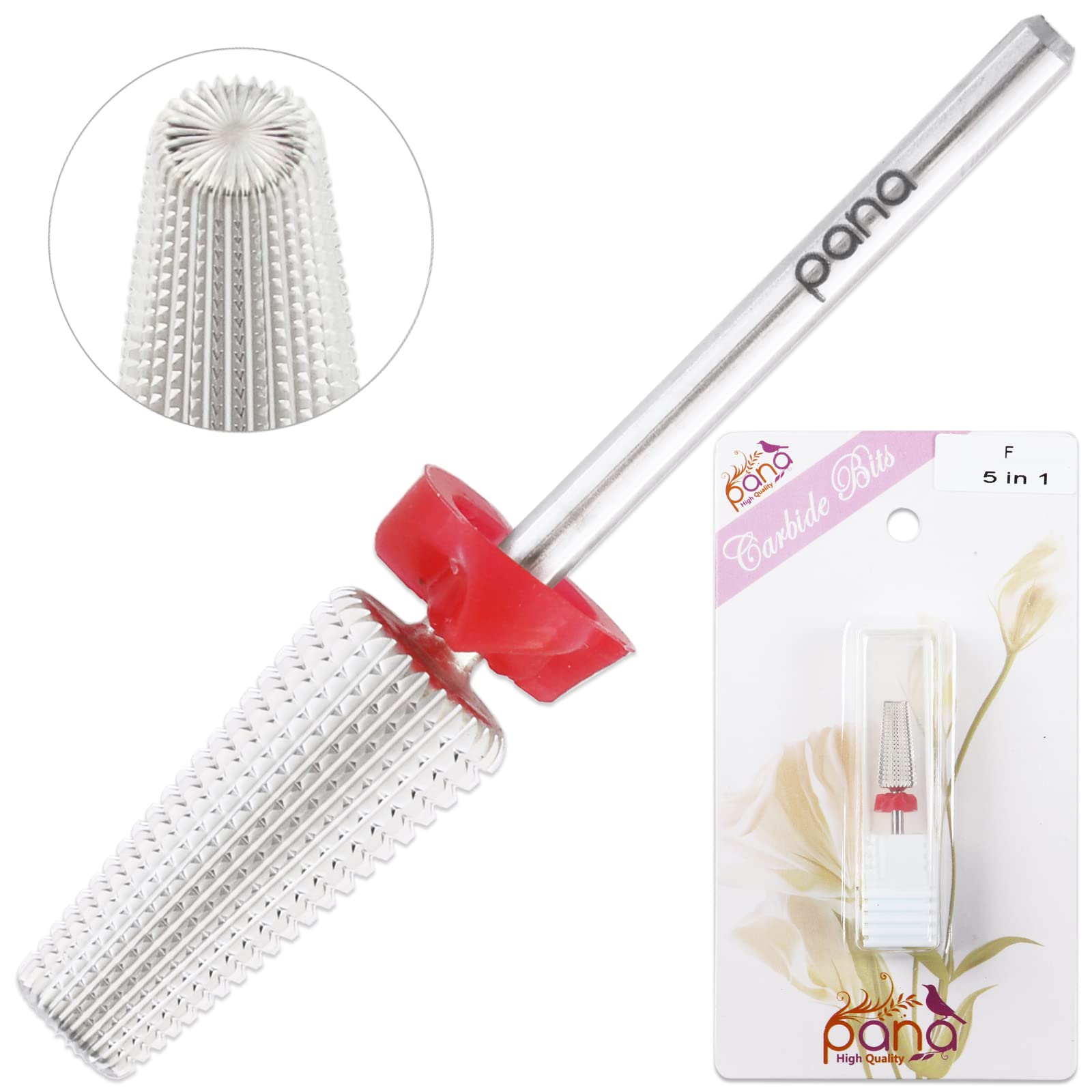 PANA Nail Carbide 5 in 1 Bit - Two Way Rotate use for Both Left and Right Handed - Fast Remove Acrylic or Hard Gel - 3/32 Shank - Manicure, Nail Art, Drill Machine (Fine - F, Silver)