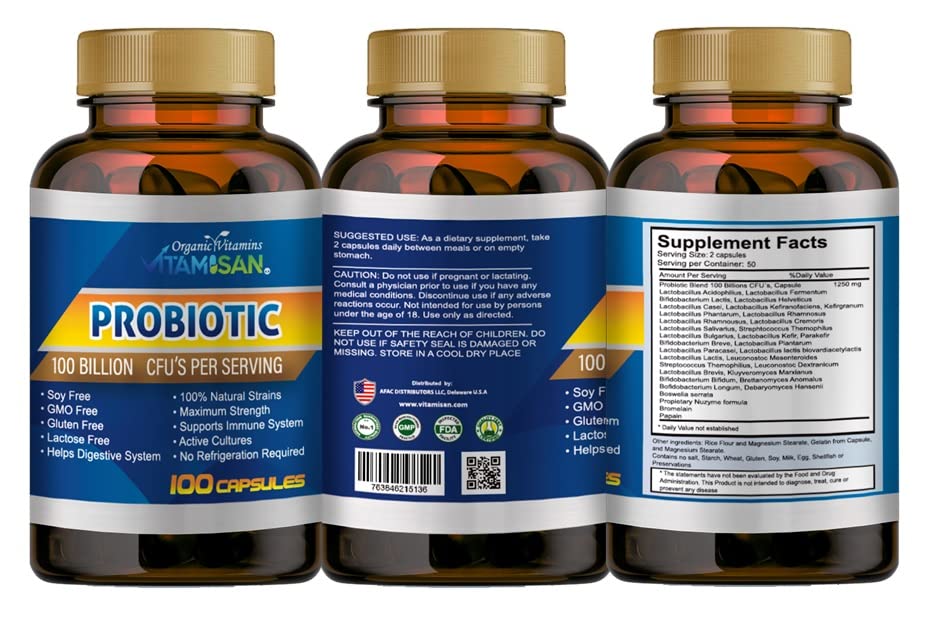 VITAMISAN Probiotics for Women, Probiotics for Men and Adults, Natural, Shelf Stable Probiotic Probiotic Supplement with Organic Prebiotic, Acidophilus Probiotic 100 caps