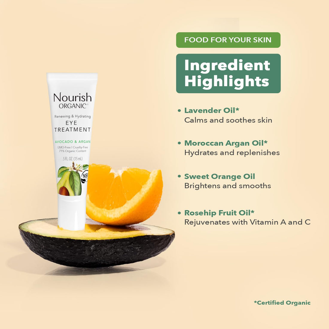 Nourish Organic Renewing Plus Cooling Eye Treatment Cream, Avocado & Argan Oil, 0.5 Oz