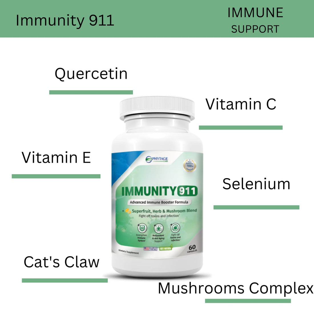 Phytage Labs Immunity 911 Supplement - with Natural Ingredients Like Turmeric, Vitamin C, B6, E, Zinc - High Potency Immune Support -60 Capsules