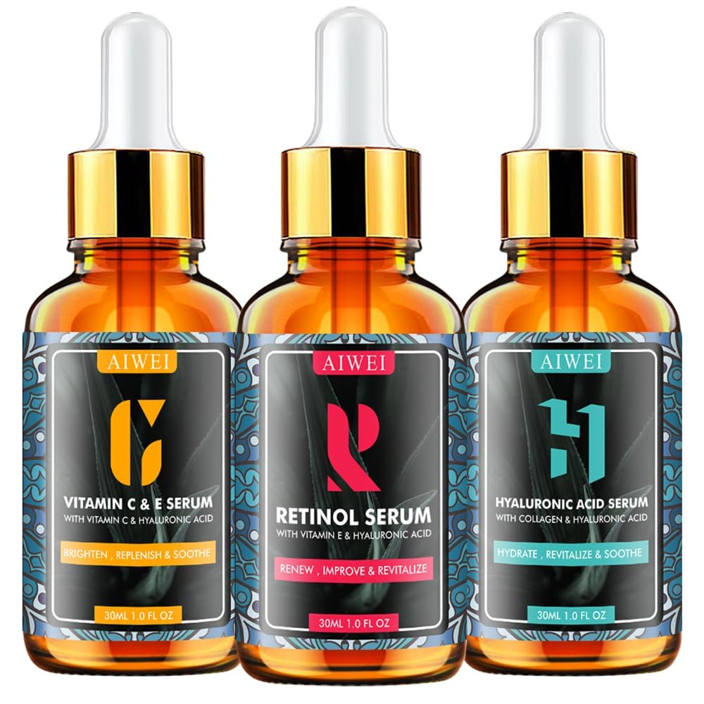 Aiwei Facial Serum Set - Includes Vitamin C, Retinol & Hyaluronic Acid - Improve Skin Texture, Glow & Hydration - Day and Night Face Serums for All Skin Types
