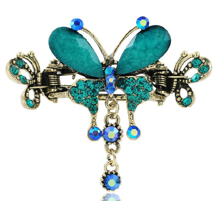 Tvoip Retro National Style Hair Clip Alloy Water Drill Crab Butterfly Grip Clip Headgear