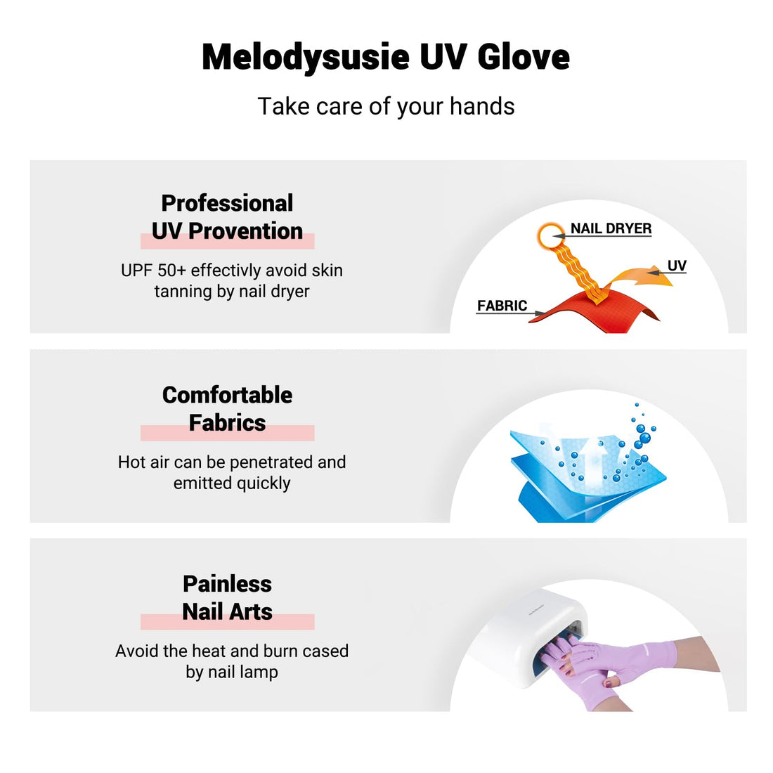 MelodySusie UV Glove for Gel Nail Lamp, Professional UPF50+ UV Protection Gloves for Manicures, Nail Art Skin Care Fingerless Anti UV Glove Protect Hands from UV Harm (Purple)