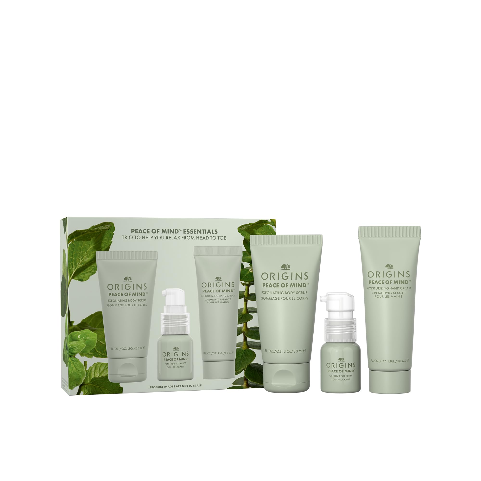 Origins 3-Piece Peace of Mind Travel Hand & Body Skin Care Gift Set | Exfoliating Scrub, Hand Cream & Aromatherapy Experience | With Eucalyptus, Peppermint & Basil Essential Oils | Wellness Gift