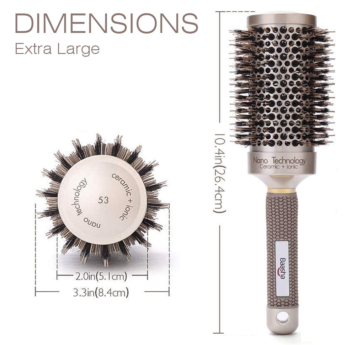 Baasha Large Round Brush with Boar Bristles 3.3 inch, Blow Dryer Hair Brush for Curly Hair, Hair Straightening Brush Nano Technology Ceramic Ionic for Perfect Volume Shine and Anti Frizz, Gold Brown