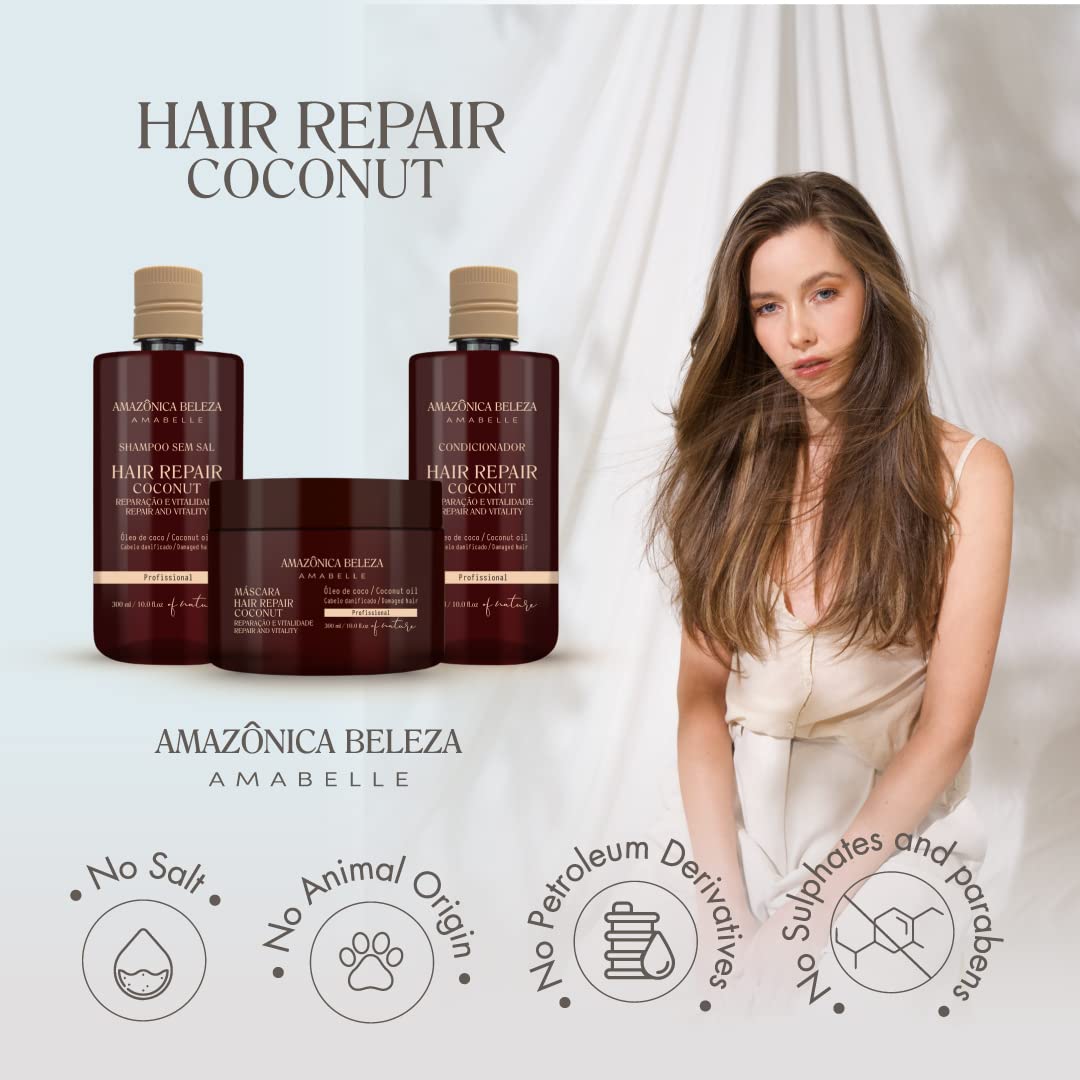 AMAZONICA BELEZA Coconut kIT, Repairs Damaged Hair and Restores Hair Proteins for Healthy, Vital Hair, with Coconut Oil, Sulfate & Parabens Free, Kit Shampoo, Conditioner and Mask, 10 Oz